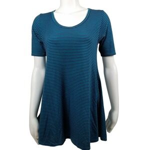 LuLaRoe Carly Dress Womens XXS Teal Blue Striped Short Sleeve Swing TShirt Dress